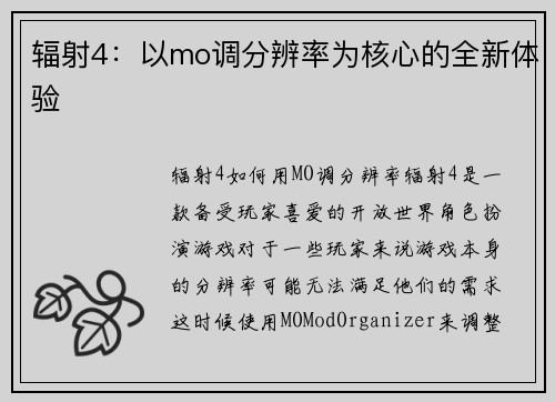 辐射4：以mo调分辨率为核心的全新体验